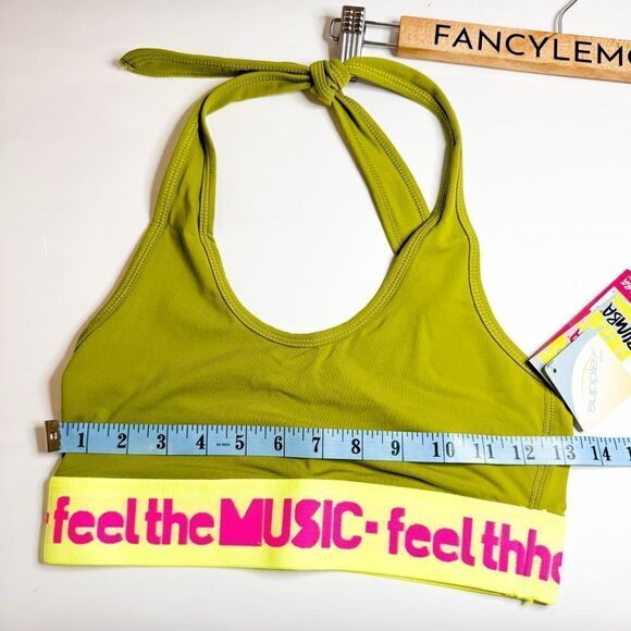 Zumba NWT! Feel It Halter Bar Sports Bra Soldier Green Neon Band Dance Fitness - Picture 3 of 6
